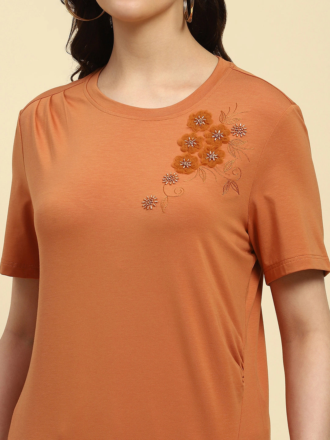 Rust Embroidered Modal Blend Relaxed Fit Top