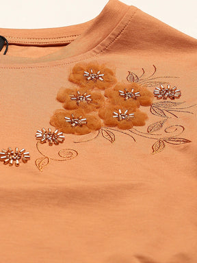 Rust Embroidered Modal Blend Relaxed Fit Top