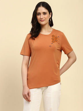 Rust Embroidered Modal Blend Relaxed Fit Top