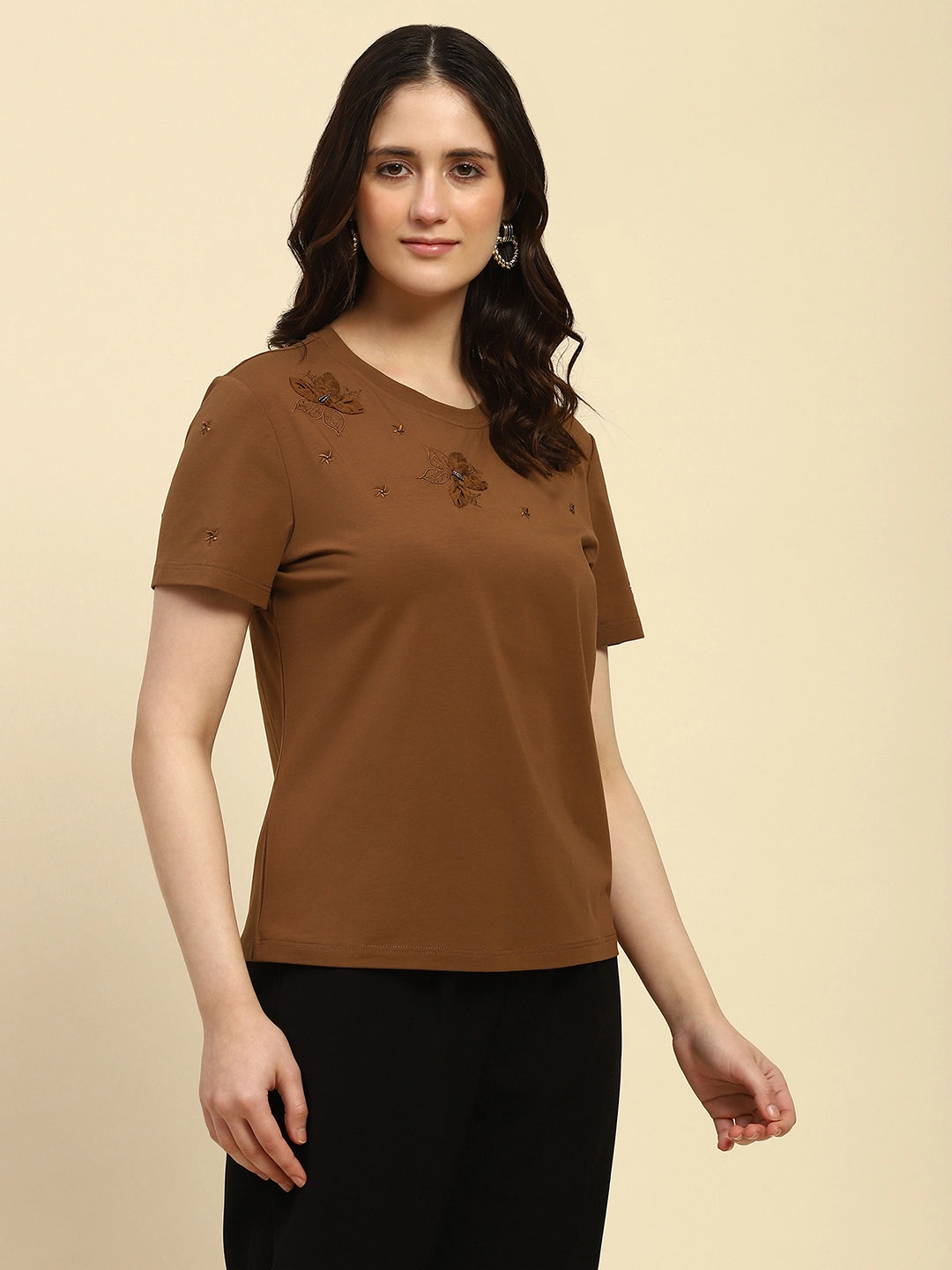 Brown Embroidered Modal Blend Relaxed Fit Top