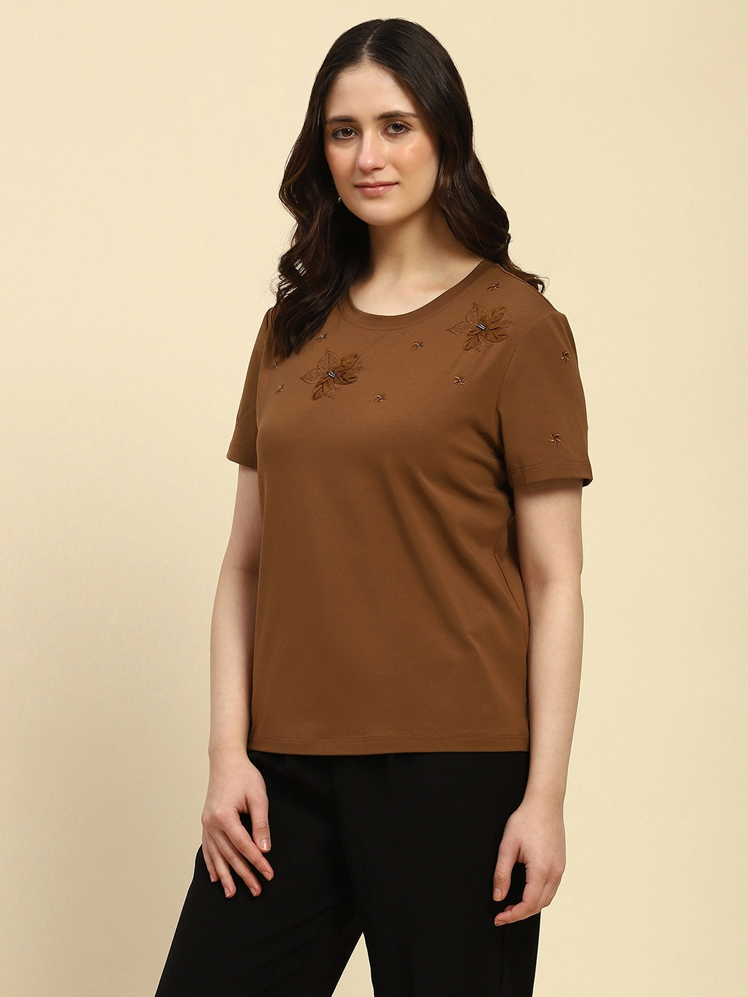 Brown Embroidered Modal Blend Relaxed Fit Top