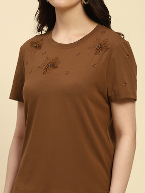 Brown Embroidered Modal Blend Relaxed Fit Top