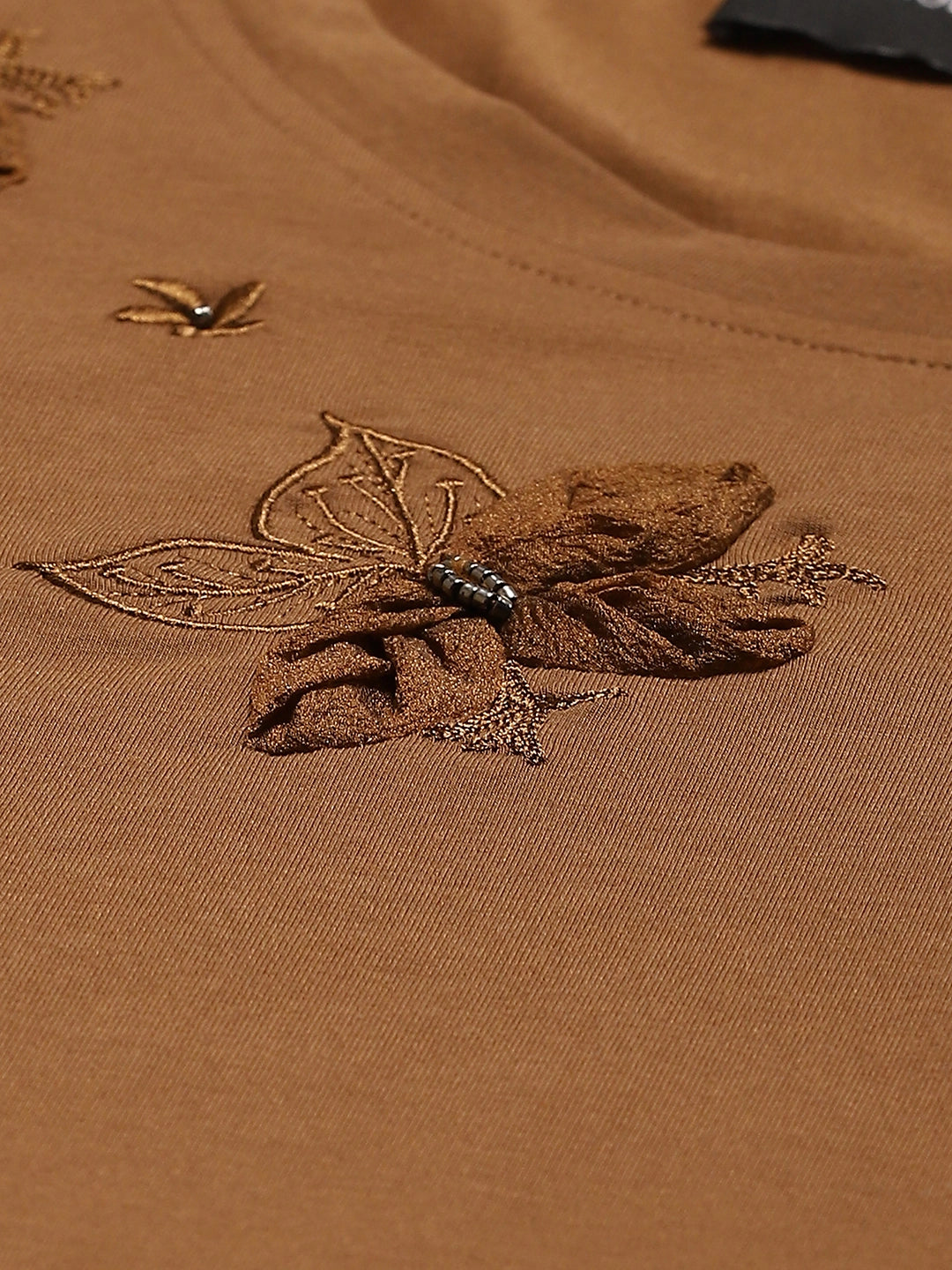 Brown Embroidered Modal Blend Relaxed Fit Top