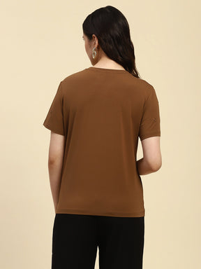 Brown Embroidered Modal Blend Relaxed Fit Top