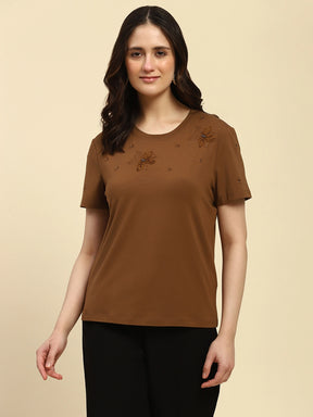 Brown Embroidered Modal Blend Relaxed Fit Top