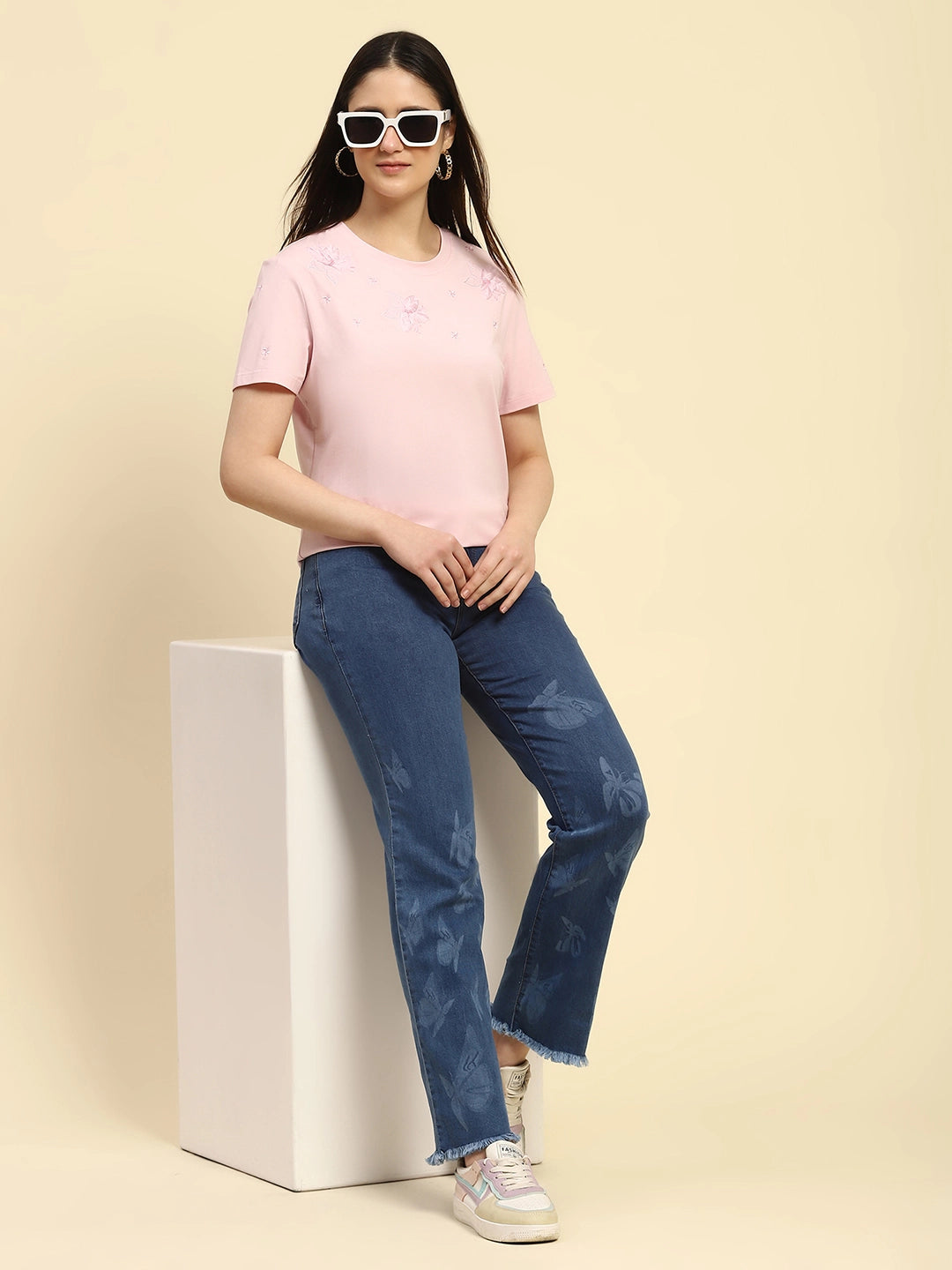 Pink Embroidered Modal Blend Relaxed Fit Top