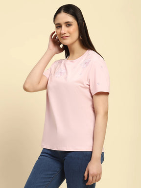 Pink Embroidered Modal Blend Relaxed Fit Top