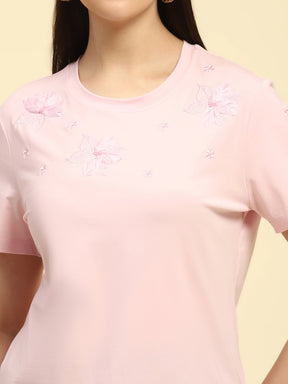 Pink Embroidered Modal Blend Relaxed Fit Top