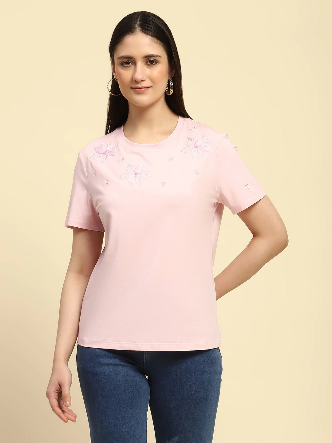 Pink Embroidered Modal Blend Relaxed Fit Top