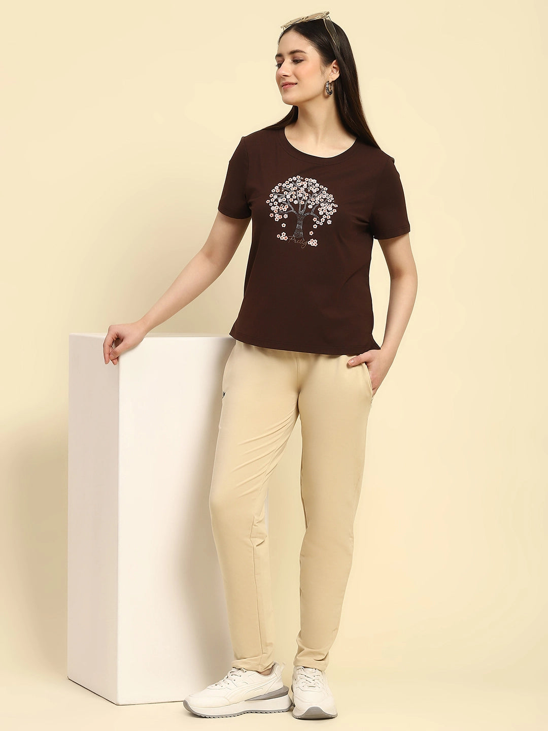 Brown Embroidered Modal Blend Relaxed Fit Top