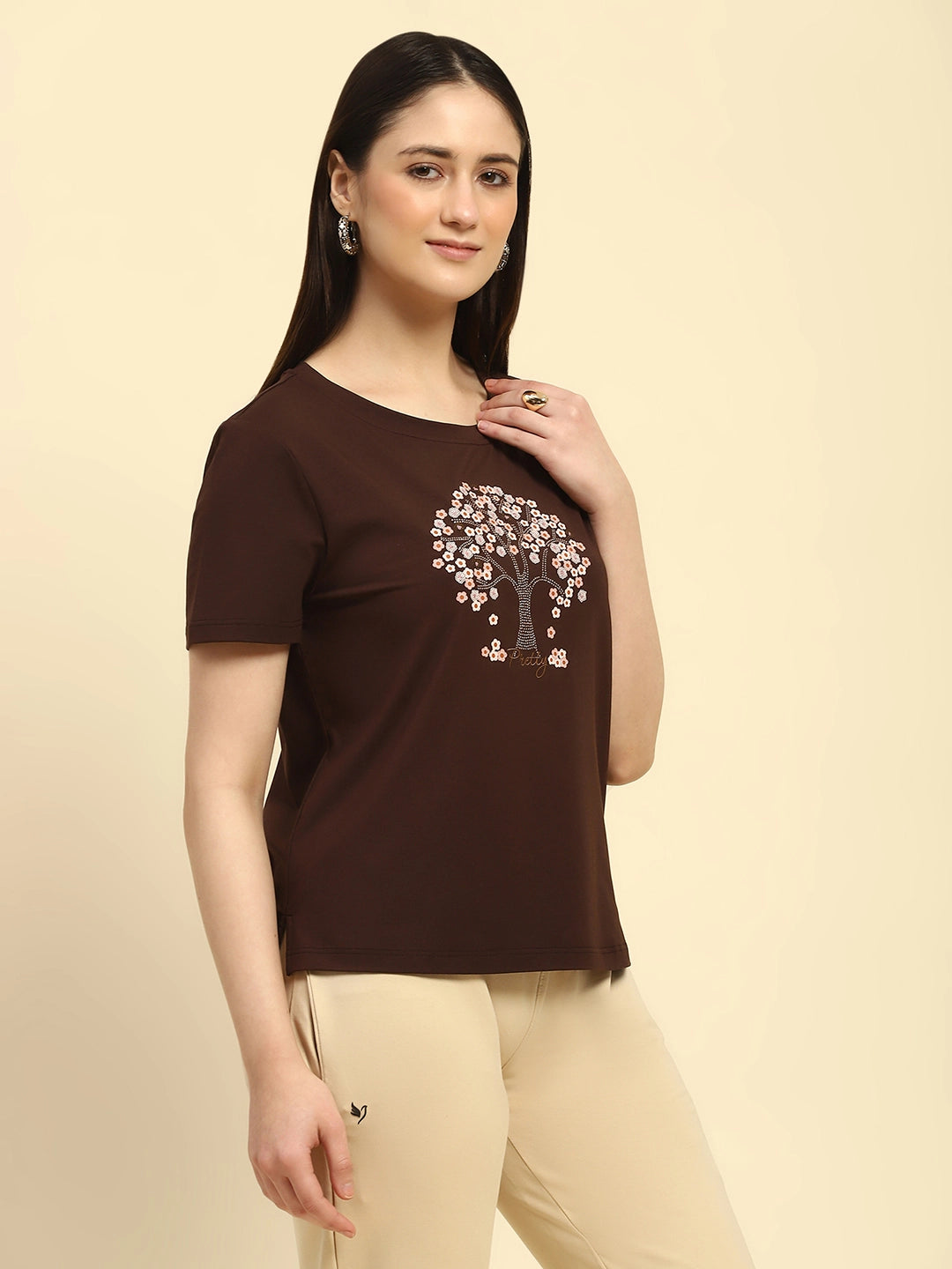 Brown Embroidered Modal Blend Relaxed Fit Top