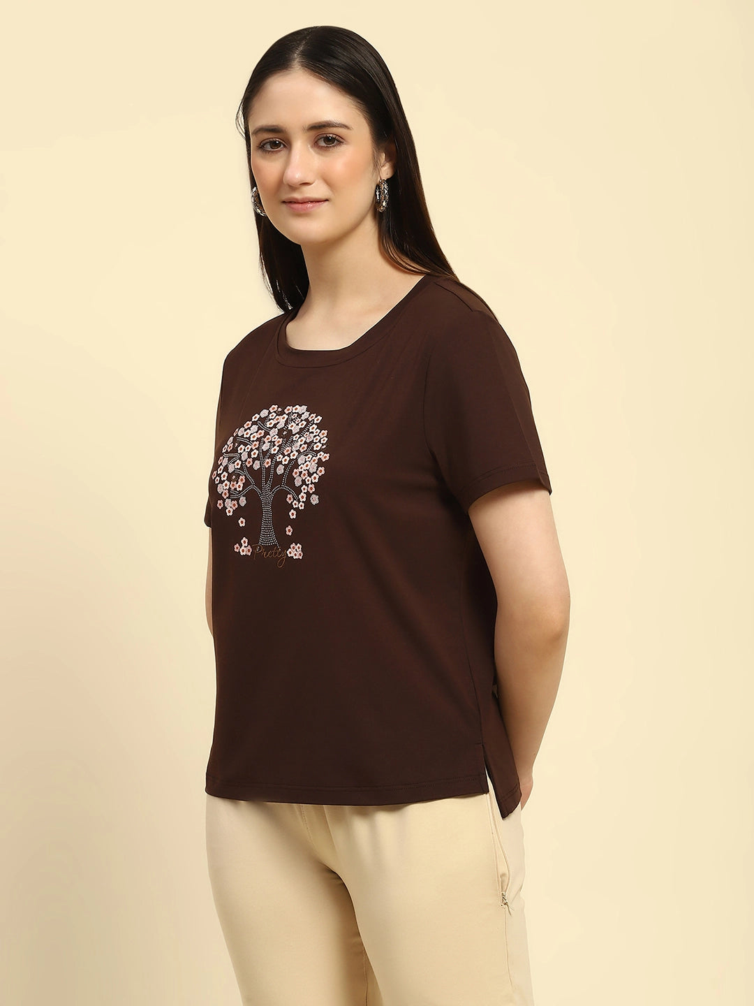 Brown Embroidered Modal Blend Relaxed Fit Top