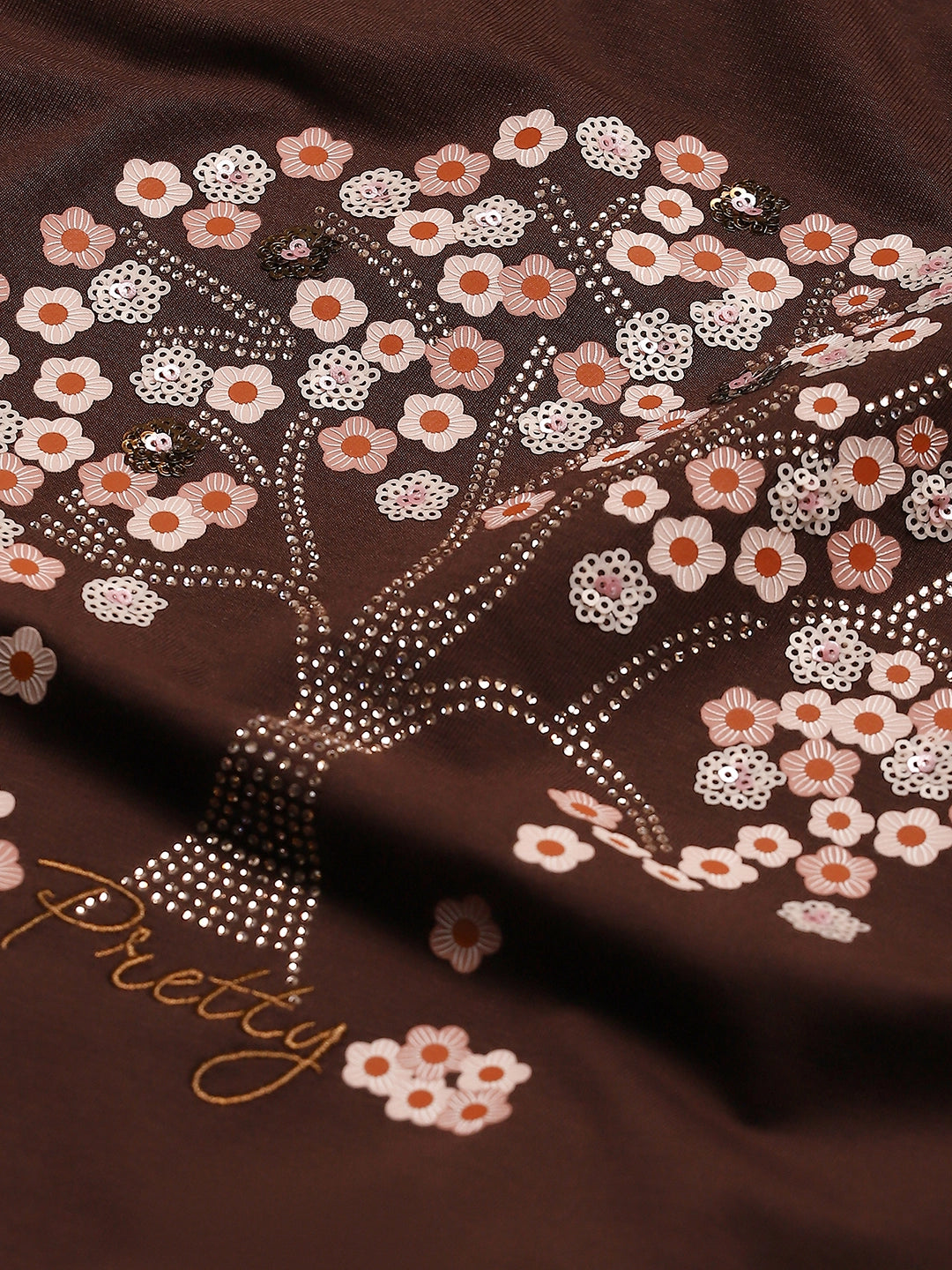 Brown Embroidered Modal Blend Relaxed Fit Top