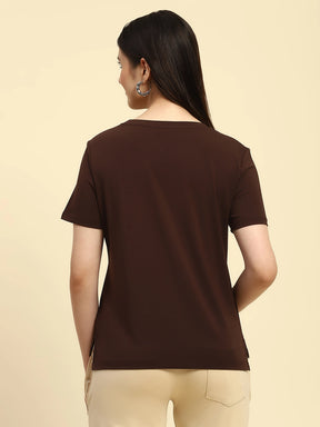 Brown Embroidered Modal Blend Relaxed Fit Top