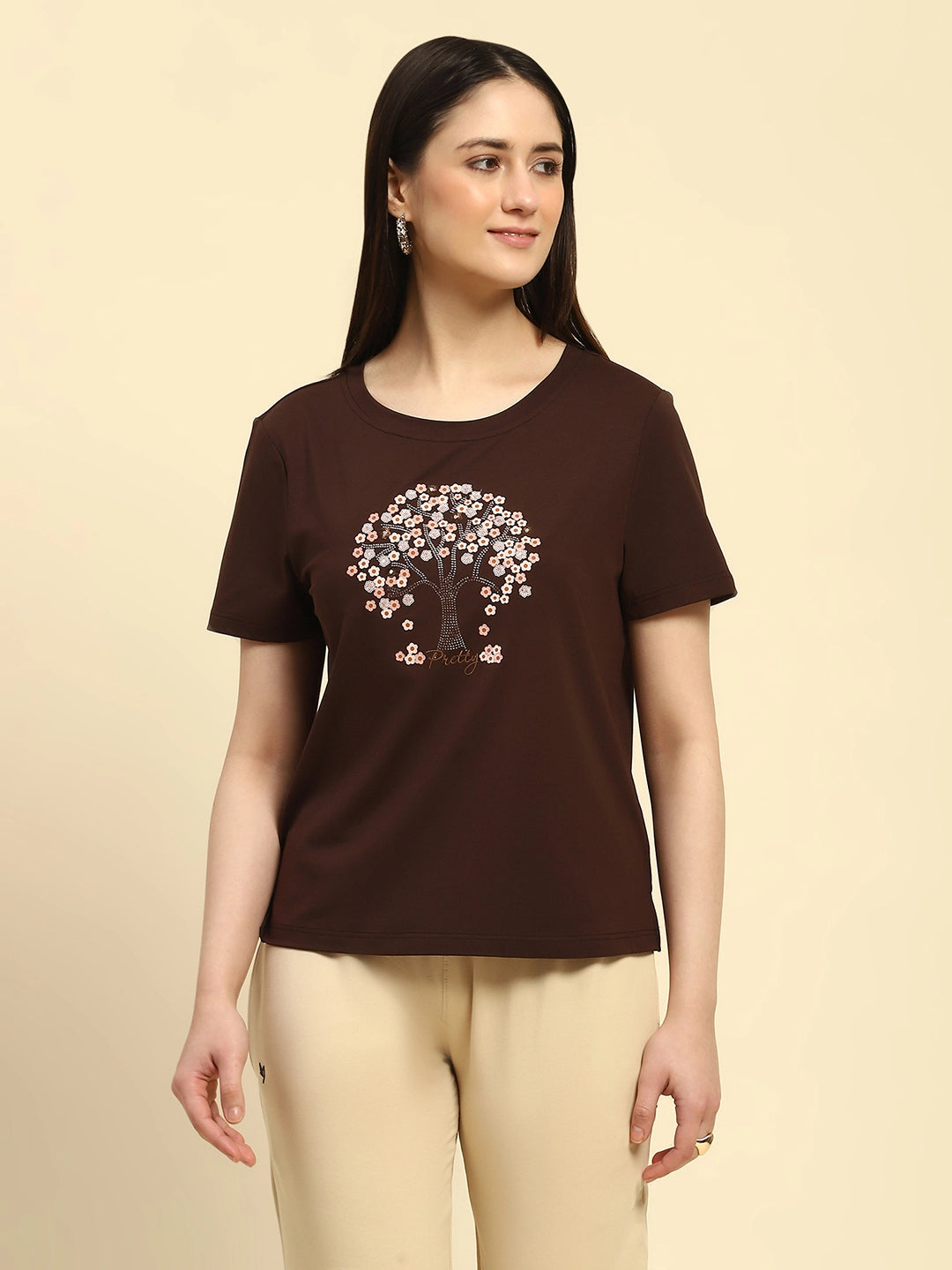 Brown Embroidered Modal Blend Relaxed Fit Top