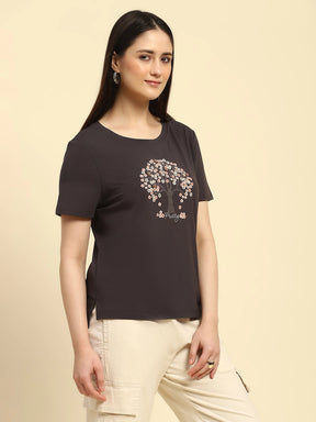 Grey Embroidered Modal Blend Relaxed Fit Top