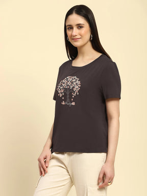 Grey Embroidered Modal Blend Relaxed Fit Top