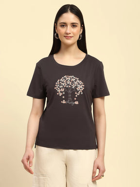 Grey Embroidered Modal Blend Relaxed Fit Top