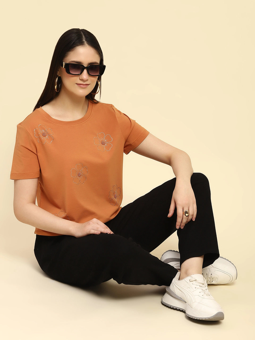 Orange Embroidered Modal Blend Relaxed Fit Top