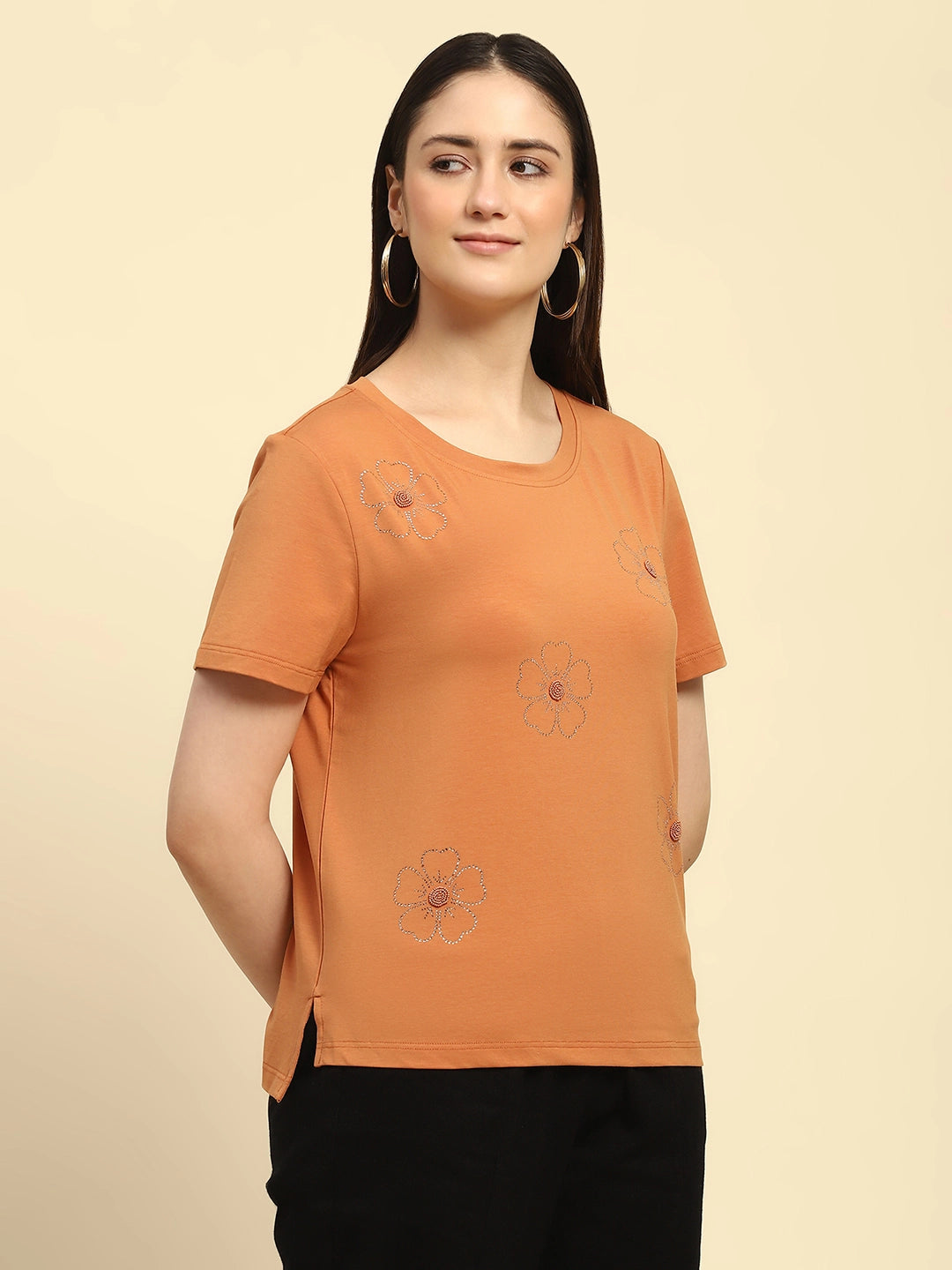 Orange Embroidered Modal Blend Relaxed Fit Top