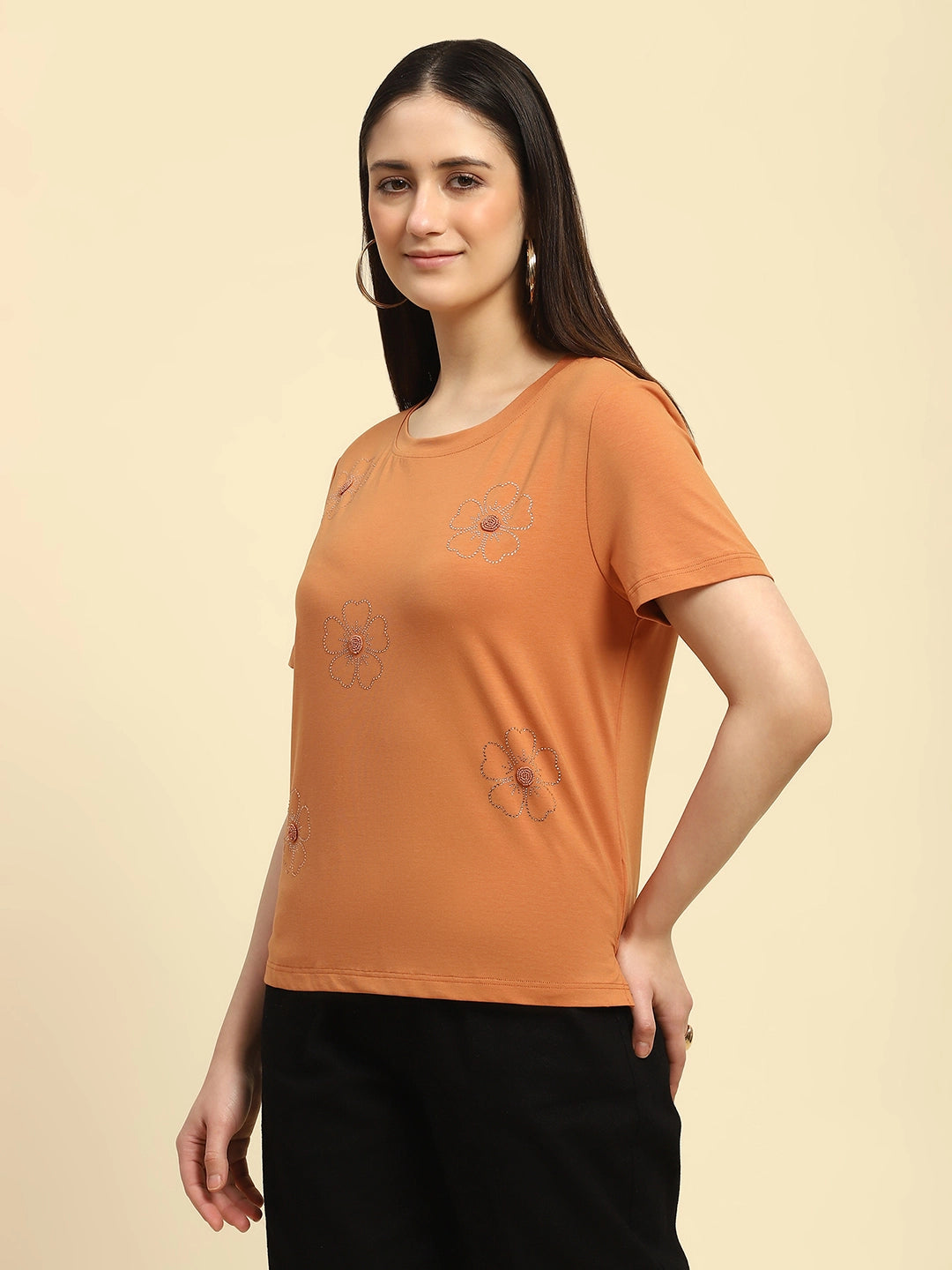 Orange Embroidered Modal Blend Relaxed Fit Top