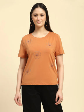 Orange Embroidered Modal Blend Relaxed Fit Top