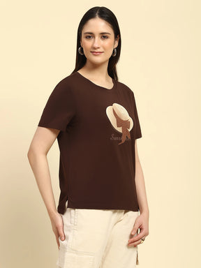 Brown Embroidered Modal Blend Relaxed Fit Top