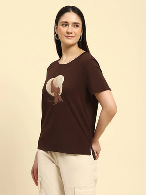 Brown Embroidered Modal Blend Relaxed Fit Top