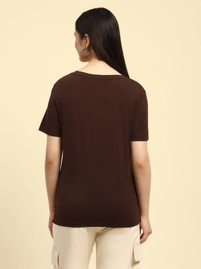 Brown Embroidered Modal Blend Relaxed Fit Top