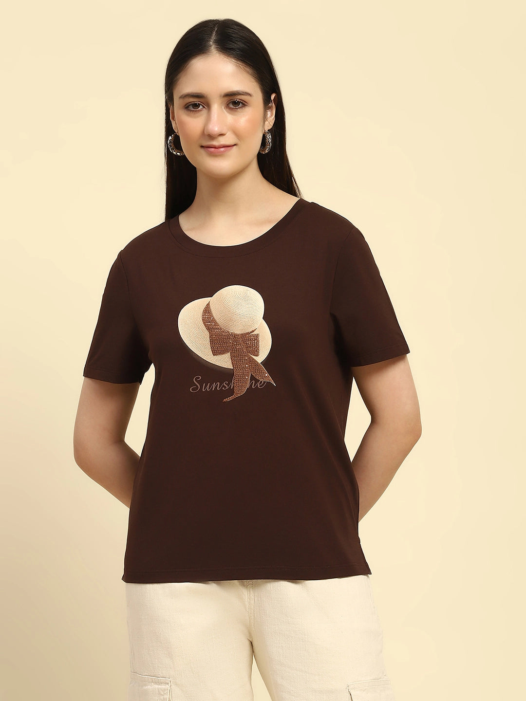 Brown Embroidered Modal Blend Relaxed Fit Top