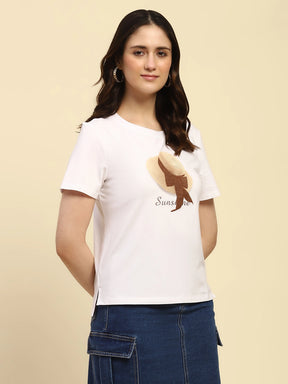 White Embroidered Modal Blend Relaxed Fit Top