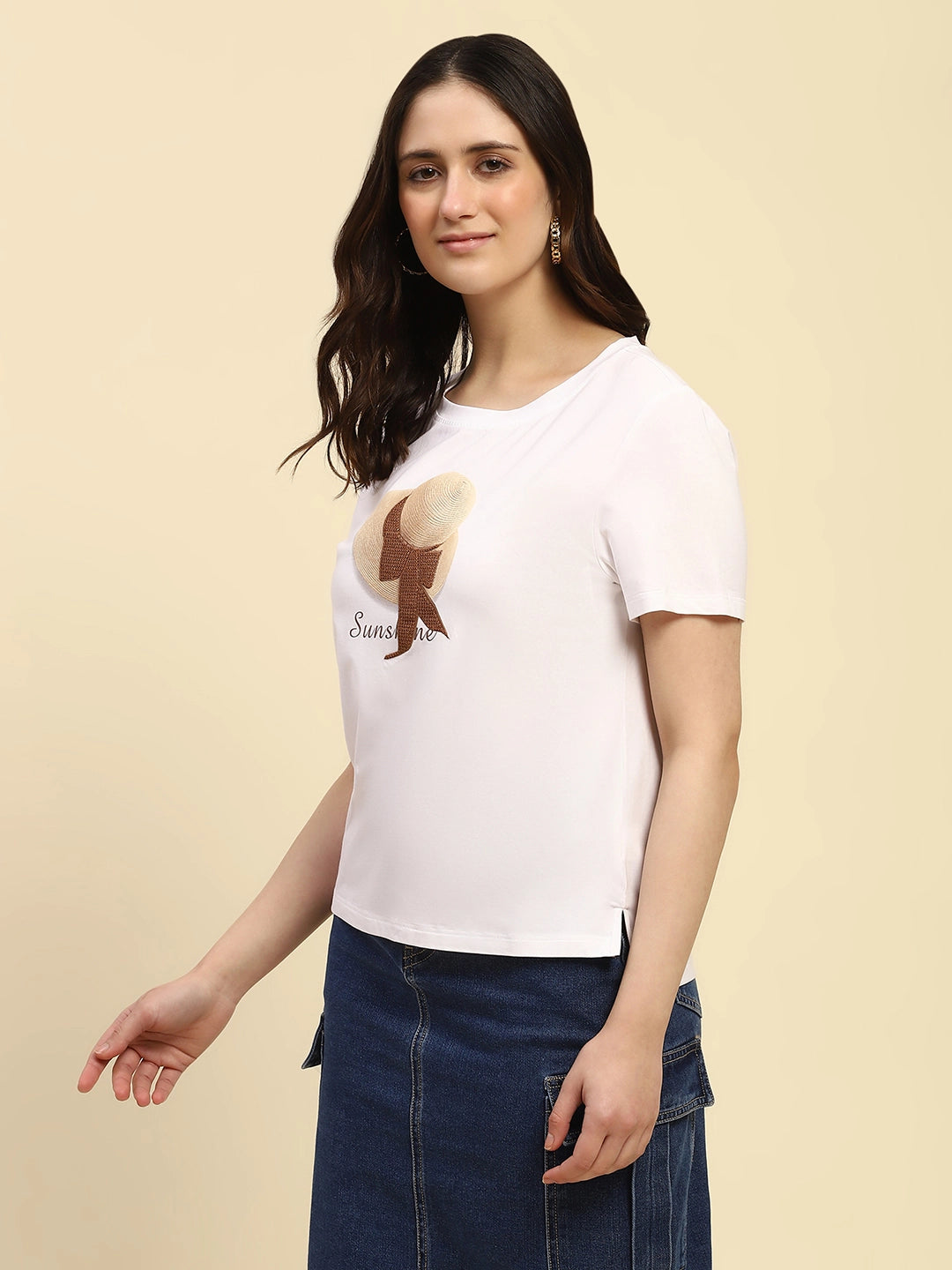 White Embroidered Modal Blend Relaxed Fit Top