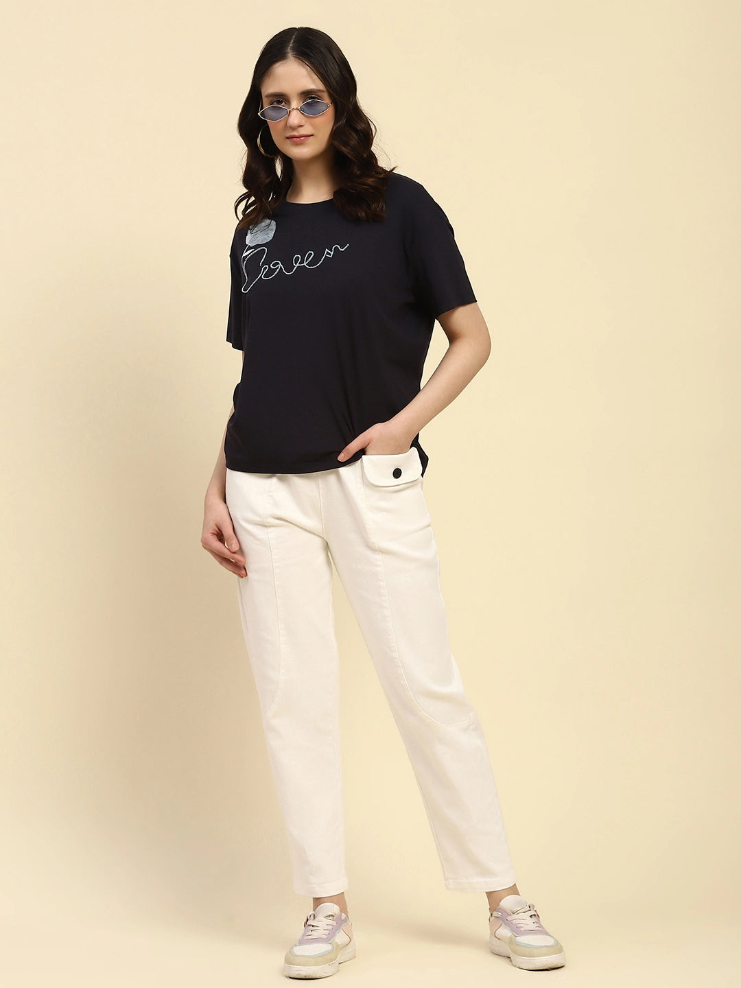 Navy Embroidered Modal Blend Oversized Top