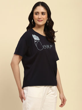 Navy Embroidered Modal Blend Oversized Top