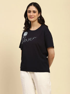 Navy Embroidered Modal Blend Oversized Top