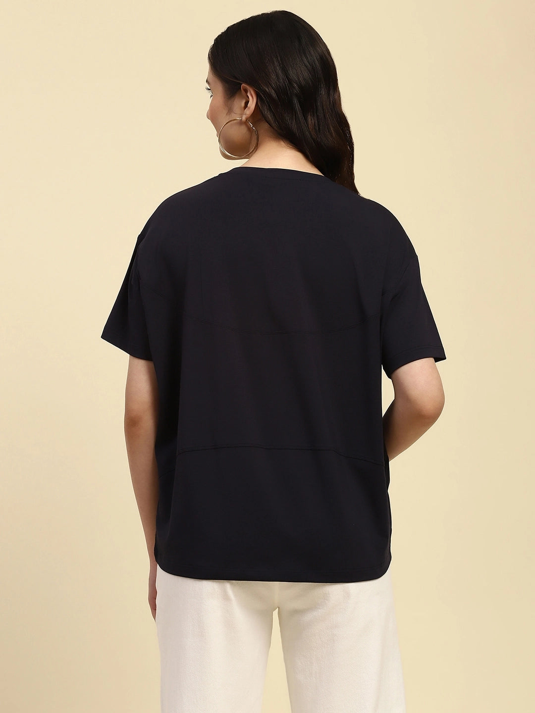 Navy Embroidered Modal Blend Oversized Top