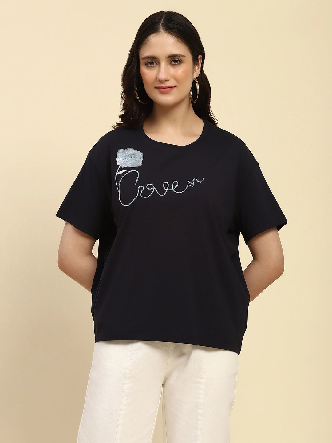 Navy Embroidered Modal Blend Oversized Top