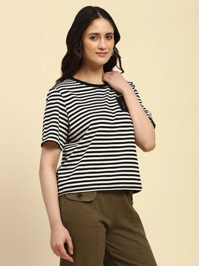 Black Horizontal Stripes Cotton Blend Boxy Fit Top