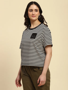 Black Horizontal Stripes Cotton Blend Boxy Fit Top