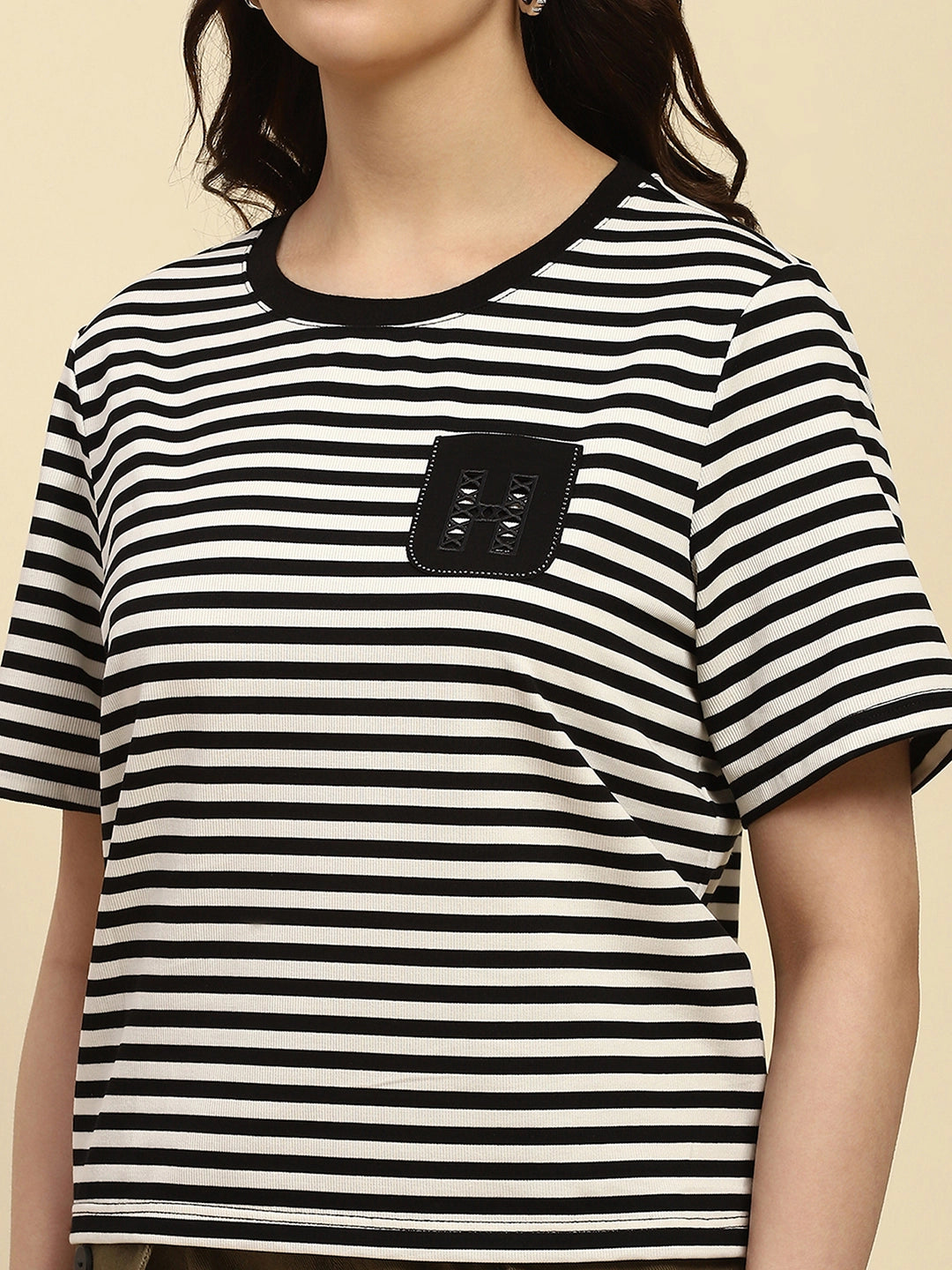 Black Horizontal Stripes Cotton Blend Boxy Fit Top