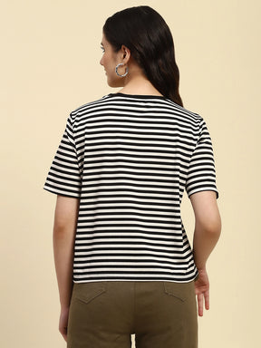 Black Horizontal Stripes Cotton Blend Boxy Fit Top