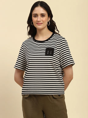 Black Horizontal Stripes Cotton Blend Boxy Fit Top