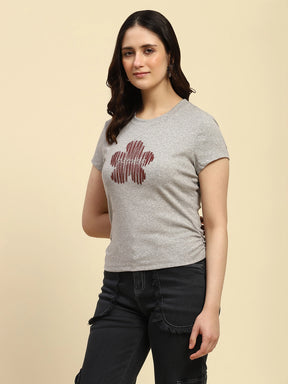 Grey Milange Embroidered Cotton Blend Regular Fit Top