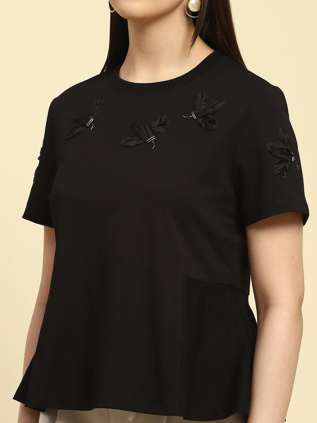 Black Applique Embroidery Cotton Blend Relaxed Fit Top