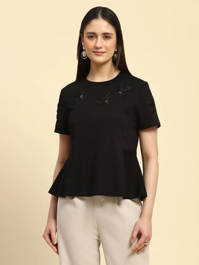 Black Applique Embroidery Cotton Blend Relaxed Fit Top