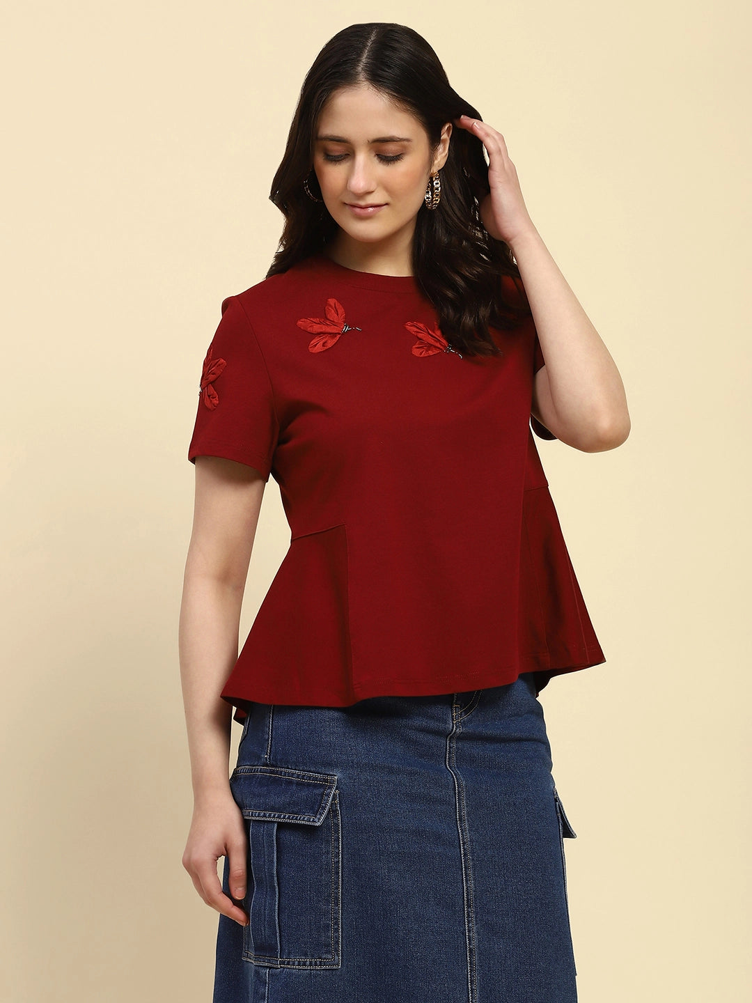 Red Applique Embroidery Cotton Blend Relaxed Fit Top