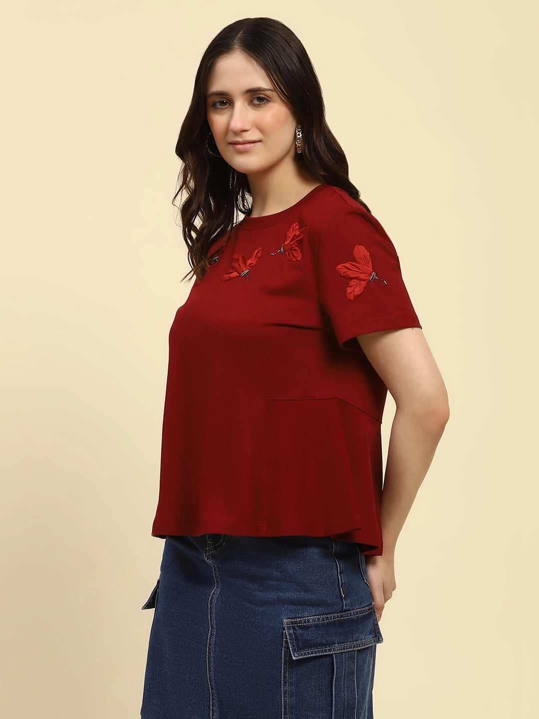 Red Applique Embroidery Cotton Blend Relaxed Fit Top