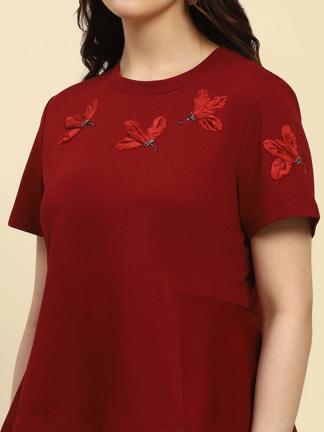 Red Applique Embroidery Cotton Blend Relaxed Fit Top