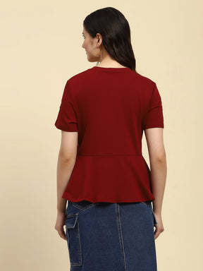 Red Applique Embroidery Cotton Blend Relaxed Fit Top