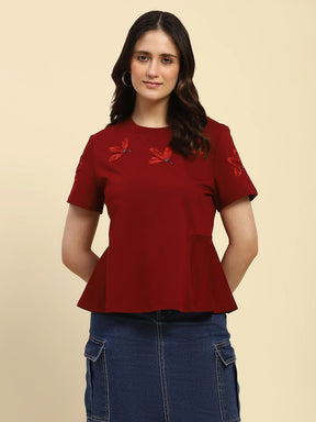 Red Applique Embroidery Cotton Blend Relaxed Fit Top